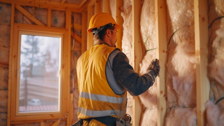 Ouvrier installant de l'isolation dans un mur