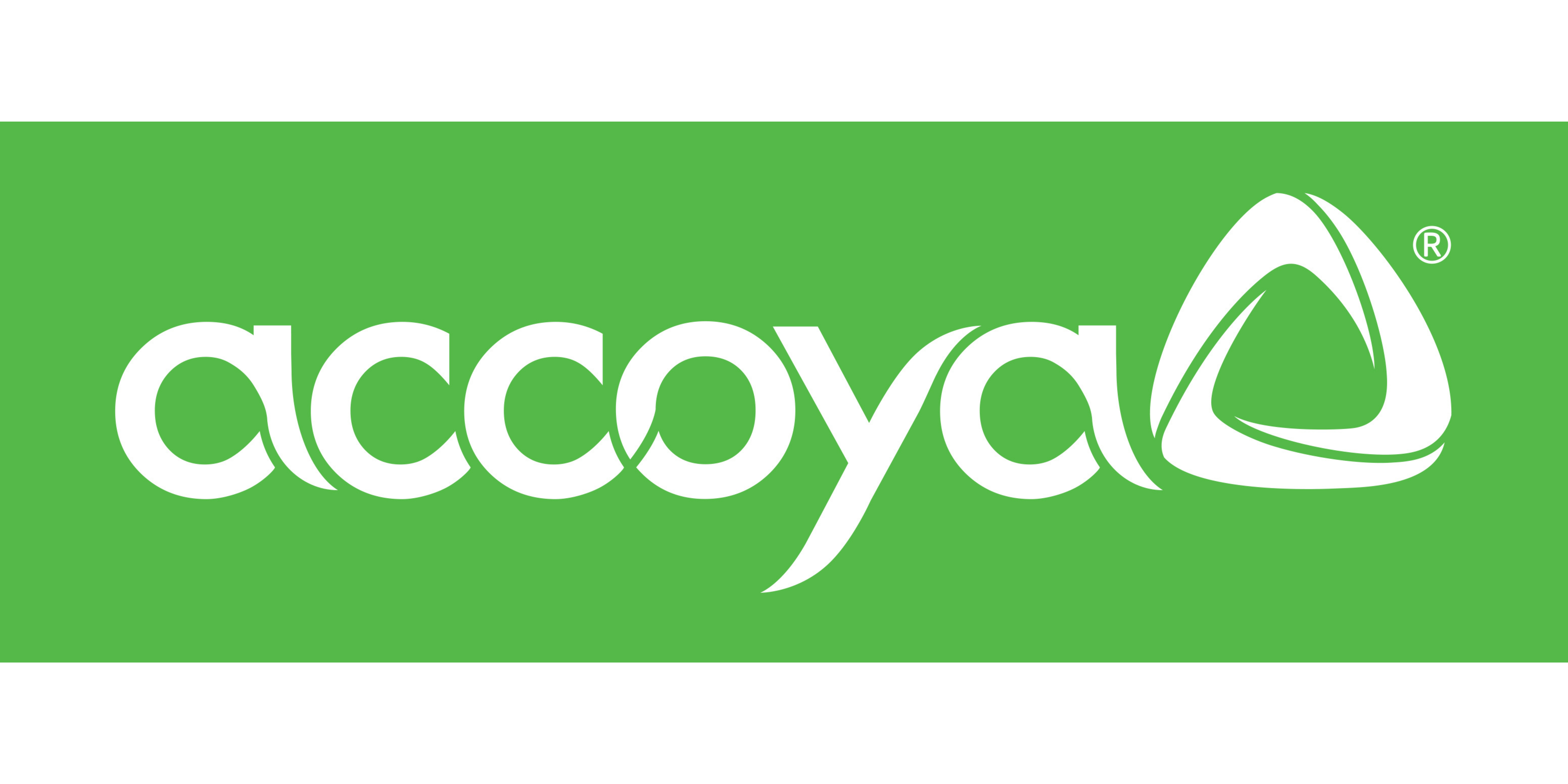 Logo de marque Accoya®. Les lettres sont écrites de couleur blanches et le fond est vert.