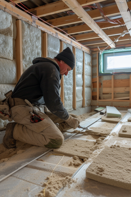 Artisan installant de l'isolation au sol 