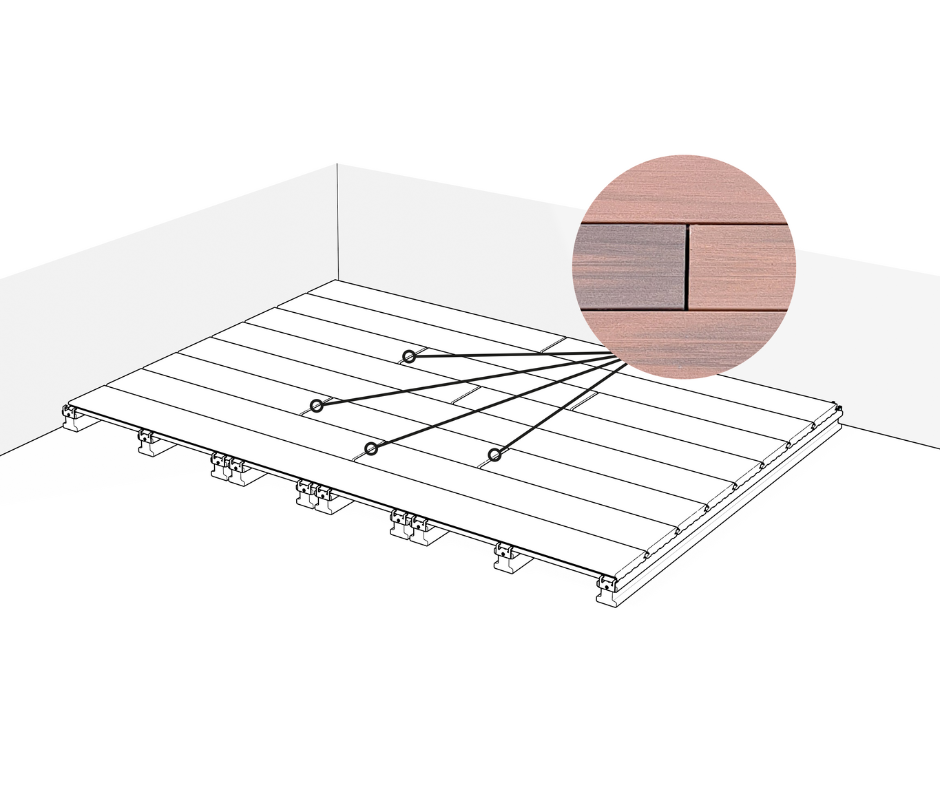 Schéma indiquant que lors de la pose de la terrasse il faut alterner les lames de couleurs opposées pour créer un contraste visuel saisissant.