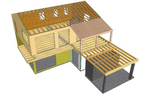 Modélisation 3D faite sur ordinateur d'une charpente prête à poser. On observe la structure bois de la maison.