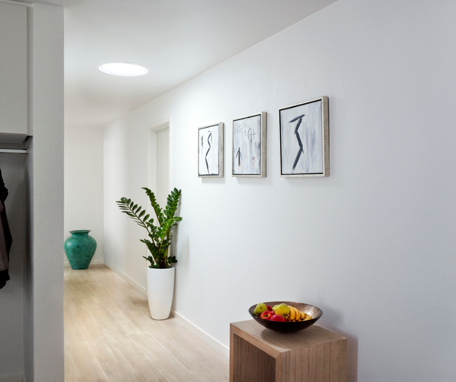 Réalisation d'un conduit de lumière Sun Tunnel VELUX dans un couloir blanc avec des tableaux au mur, un petit meuble en bois avec une corbeille de fruit et une grande plante verte. Le puit de lumière illumine la pièce. 