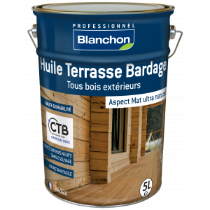 Photo produit Blanchon. Huile terrasse pour bardage. Le logo de la marque est bleu