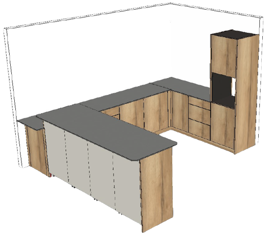 Plan 3D de l'agencement d'une cuisine sur mesure. Le plan de travail est gris et les rangements, tiroirs, placards sont en bois.